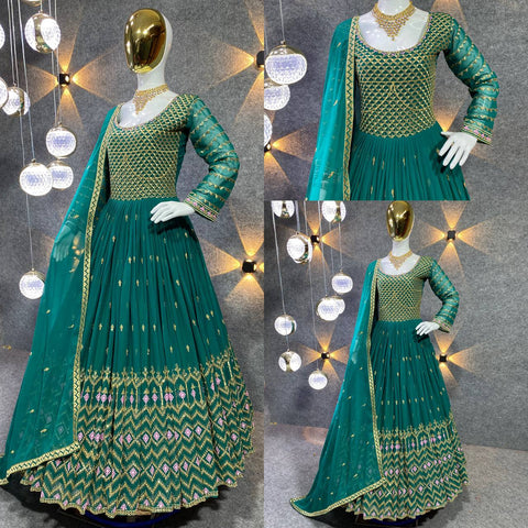 Anarkali Style Fern Green Embroidery Work Gown