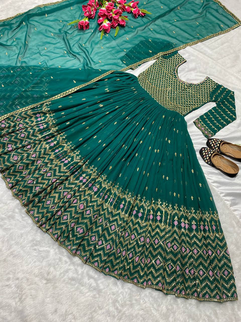 Anarkali Style Fern Green Embroidery Work Gown