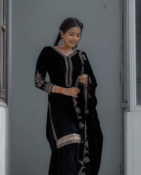 Exclusive Black Viscose Velvet Fancy Embroidery Work Punjabi Suit With Dupatta