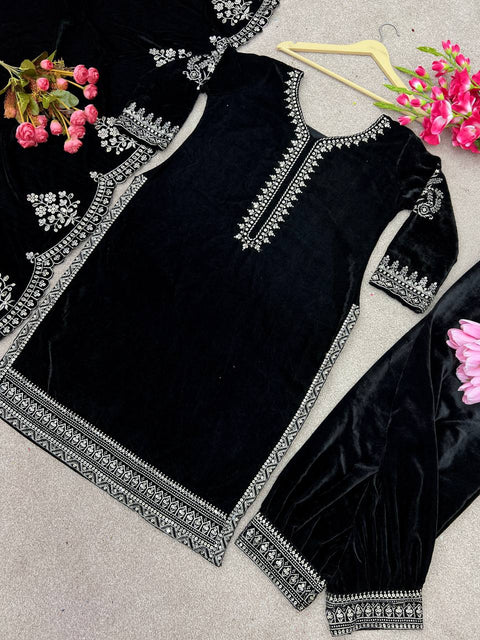 Exclusive Black Viscose Velvet Fancy Embroidery Work Punjabi Suit With Dupatta