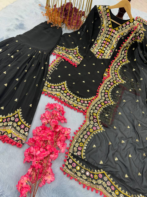 Georgette Kurta Palazzo With Embroidery Work And Dupatta For Women