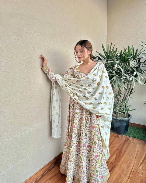 Cream Heavy Cotton Digital Print & Lace Work Anarkali Suit With Dupatta