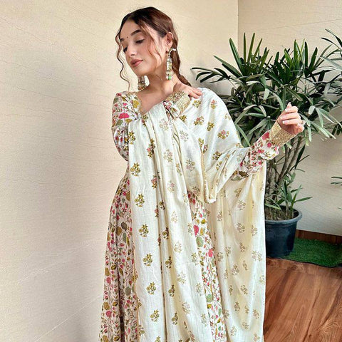 Cream Heavy Cotton Digital Print & Lace Work Anarkali Suit With Dupatta