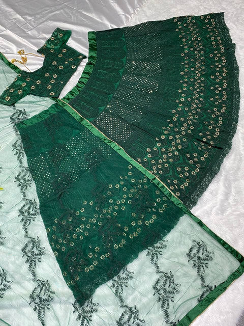 Green Embroidered Attractive Party Wear Net With Silk Material Lehenga Choli