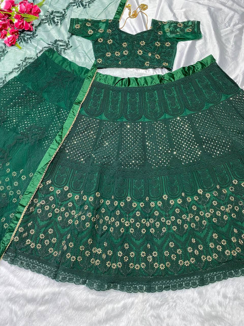 Green Embroidered Attractive Party Wear Net With Silk Material Lehenga Choli