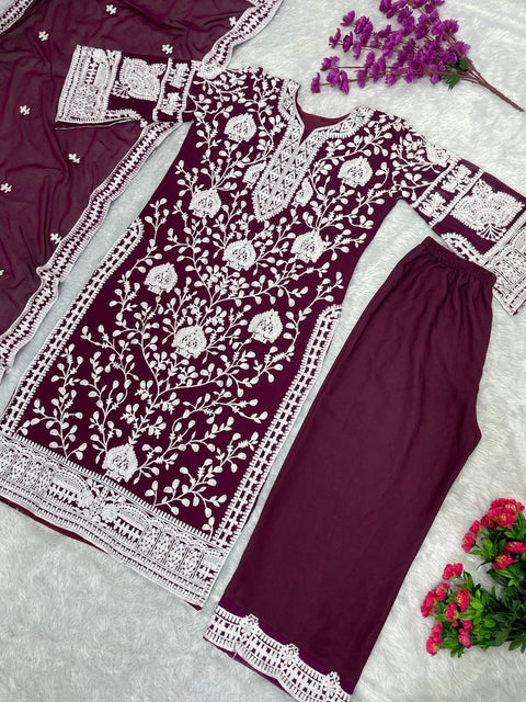 NEW DESIGNER HEAVY EMBROIDERED GEORGETTE TOP AND PALAZZO WITH DUPATTA SUIT