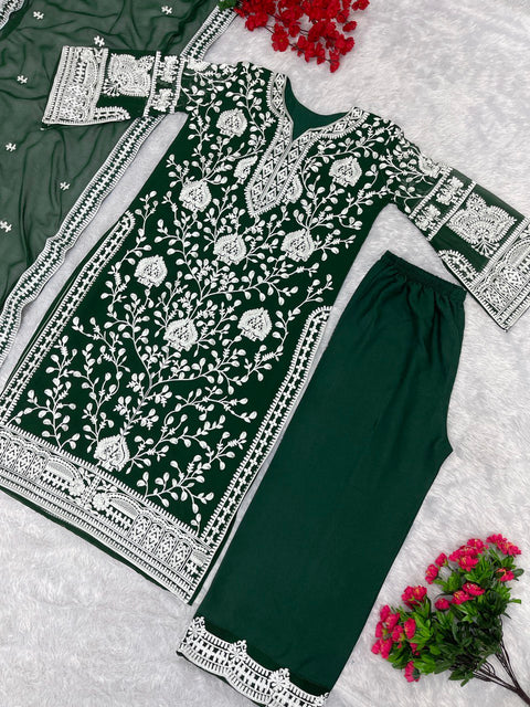 NEW DESIGNER HEAVY EMBROIDERED GEORGETTE TOP AND PALAZZO WITH DUPATTA SUIT