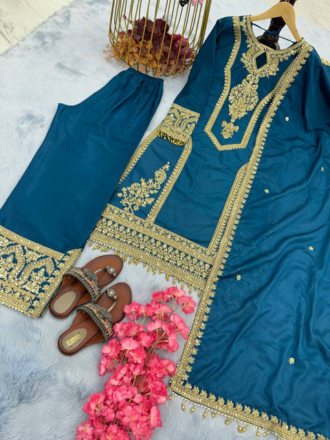 Black Color Top and Palazzo Suit in Chinon With Heavy Embroidery Dupatta