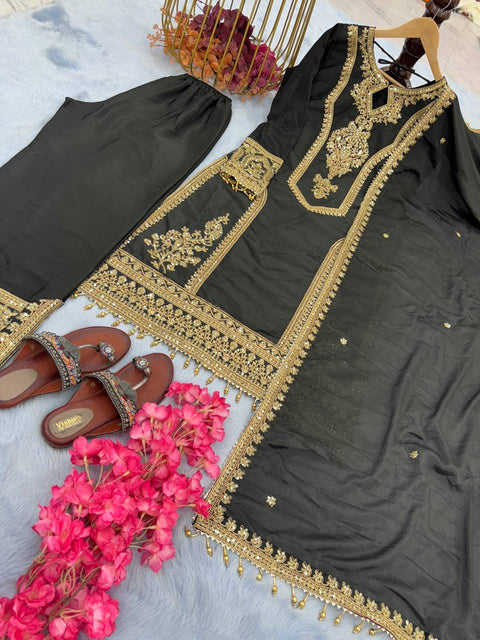 Black Color Top and Palazzo Suit in Chinon With Heavy Embroidery Dupatta