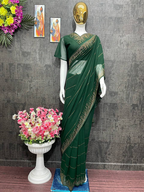 NEW DESIGNER HEAVY HOT FIXING STONE WORK SAREES WITH BLOUSE