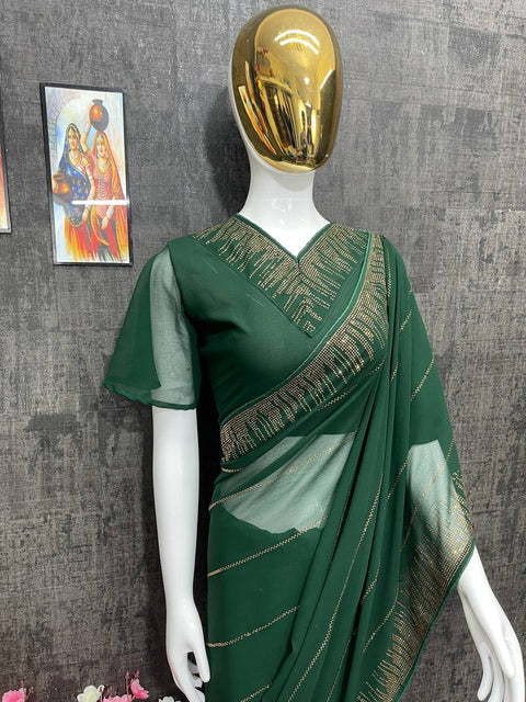 NEW DESIGNER HEAVY HOT FIXING STONE WORK SAREES WITH BLOUSE