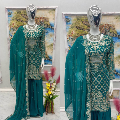 Teal Green Embroidery Work Sharara Salwar Kameez