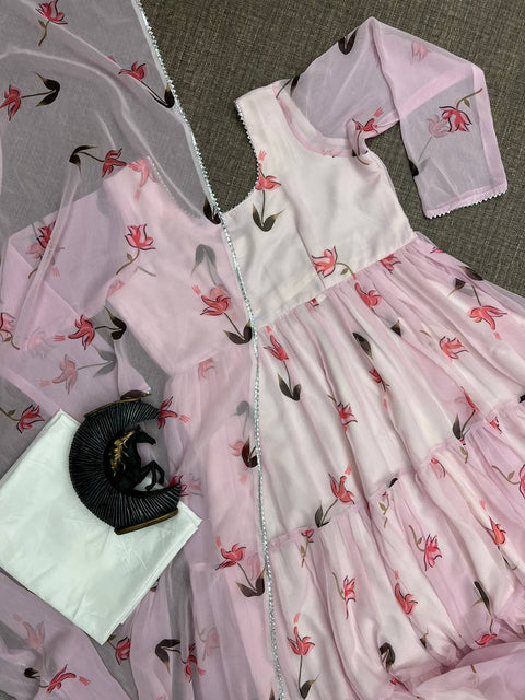 Light pink printed ruffle layer anarkali suit