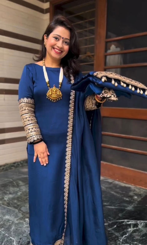Glorious Blue Color Embroidered Work Anarkali Suit