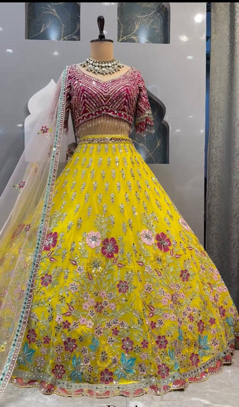 Attractive Yellow Heavy Real Mirror Sequence Embroidery Work Ready To Wear Bridal Lehenga Choli With Dupatta