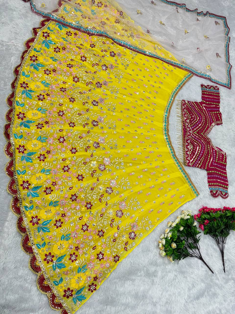 Attractive Yellow Heavy Real Mirror Sequence Embroidery Work Ready To Wear Bridal Lehenga Choli With Dupatta