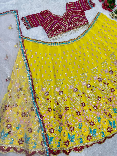 Attractive Yellow Heavy Real Mirror Sequence Embroidery Work Ready To Wear Bridal Lehenga Choli With Dupatta