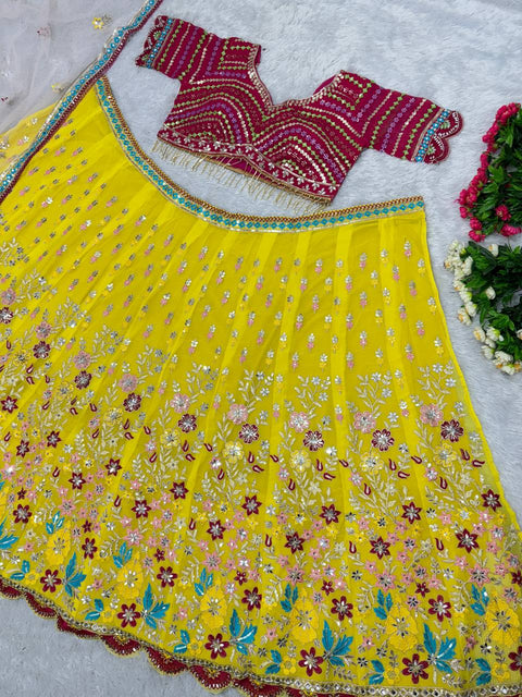 Attractive Yellow Heavy Real Mirror Sequence Embroidery Work Ready To Wear Bridal Lehenga Choli With Dupatta