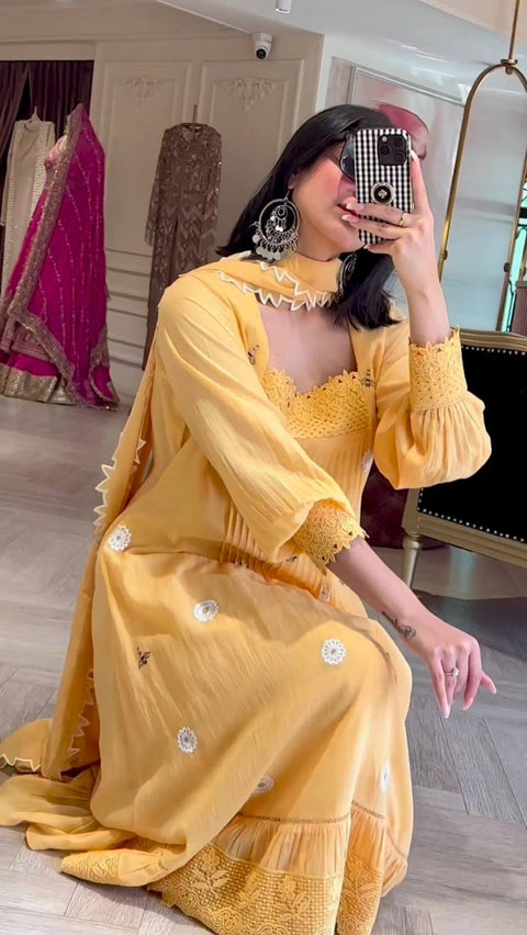 Light Yellow Embroidery Work Ruffle Anarkali Gown