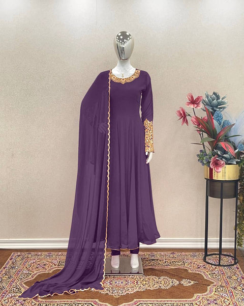 Embroidered Heavy Faux Georgette Anarkali Gown With Dupatta Full Sleeve
