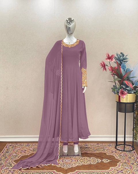 Embroidered Heavy Faux Georgette Anarkali Gown With Dupatta Full Sleeve