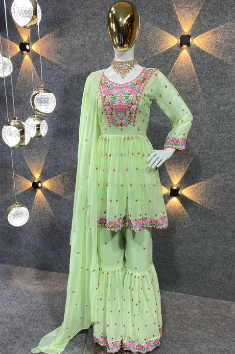 Classic Pista Color Embroidered Attractive Party Wear silk