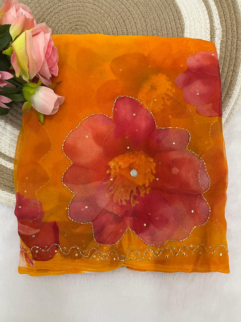 New launching bookingBrush print with hand work saree