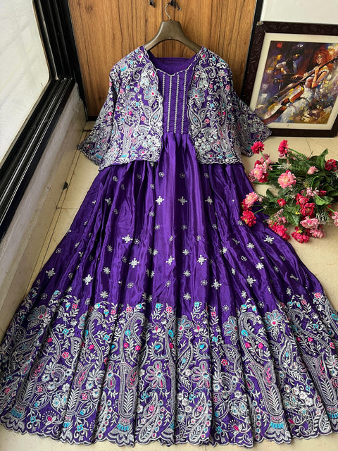 NEW DESIGNER GOWN WITH KOTI SET IN BEAUTIFUL THREAD EMBROIDERY WORK