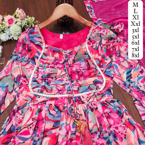 New Premium georgette print and full lining with pent and Nazneen dupatta Anarkali gown