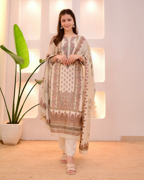 New Heavy Muslim simmer  With Heavy Digital Print With lace works Top-Bottom And Dupatta Set