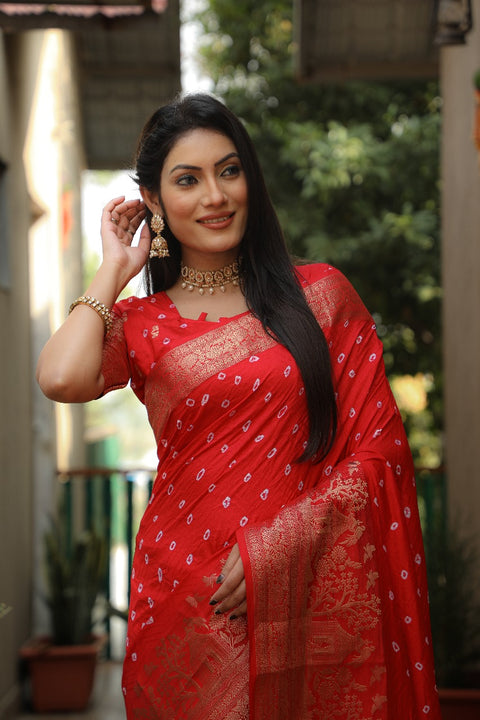 New premium and high quality , comfortable Bandhej Kanjivaram silk saree