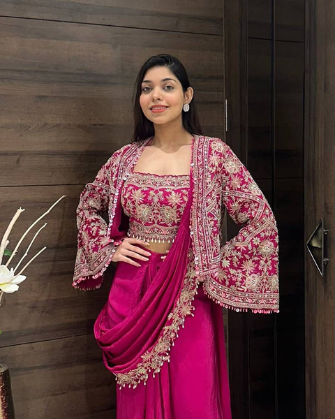 NEW SUPERHIT TRENDING READY TO WEAR SAREE WITH FULLY EMBROIDERED KOTI ON  CHINON FABRIC WITH STITCH BLOUSE