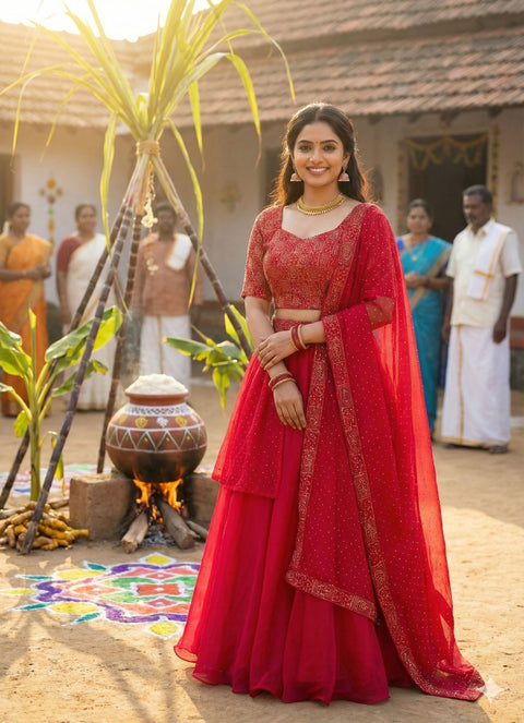 New Pongal Special Soft Space Silk Sequins Embroidery Lehenga choli