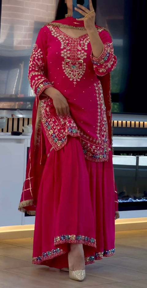 New Heavy Chinon With Heavy  Embroidery Sequence*  Work With Full Sleeve With Latkan Dori