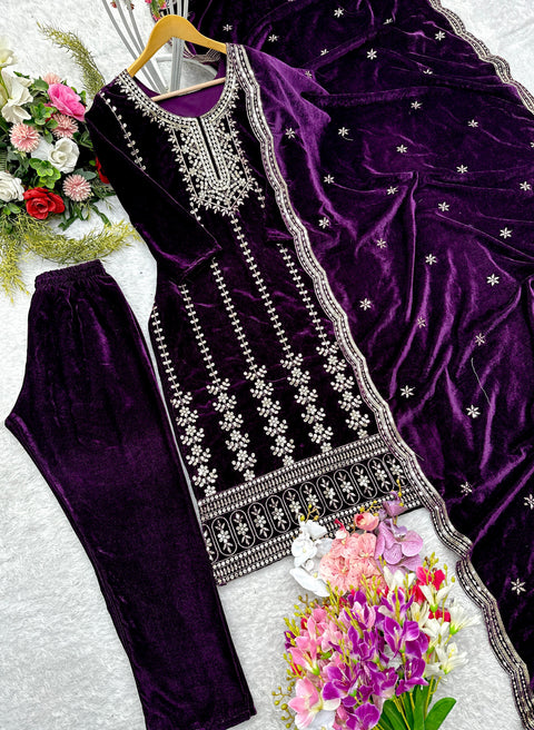 New VelvetFully Stitched Ready To WearTop -Pent  Dupatta Set
