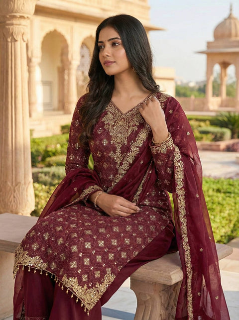 New Designer Collection In GMY SILK With Heavy Embroidery Sequence Work Top-Bottom And Dupatta Set