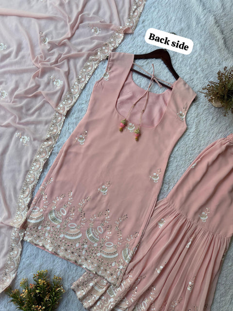 New PARTY AND WEDDING SEASON OUR 3 PIECE KURTI SARARA AND DUPATTA WITH SEQUENCE EMBROIDERY WORK