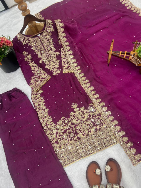New Designer Collection In GMY SILK With Heavy Embroidery Coding Sequence Work Top-Bottom And Dupatta Set