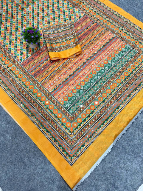 New Chinon Digital Print Collection with beautiful real mirror Saree