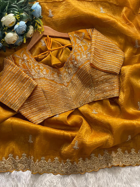 NEW TRENDING GLOD CRUSH FABRIC ON HEAVY EMBRODERY WORK SAREE