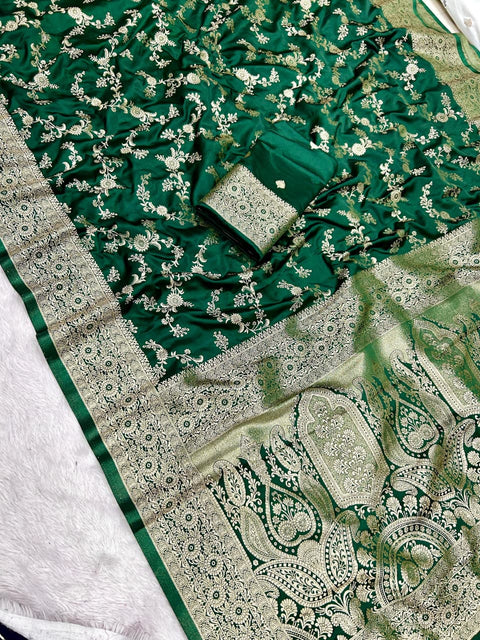 NEW ARRIVALS Pure Soft Banarasi Sartin Silk Saree With Rich Zari Wooven Pallu Pairs With Heavy Wooven Border