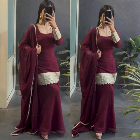 New Heavy Star Georgette With  Sequence and Coding*  Work With Full Sleeve With Latkan Dori Sarara Plazo