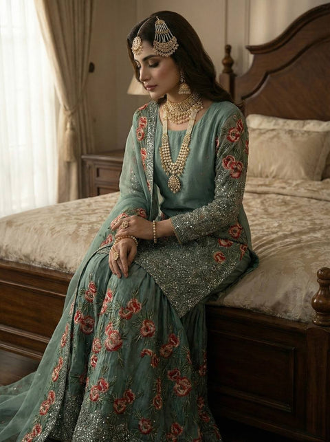 New Pure Fendy Silk With Heavy Embroidery Sequence Work Top-Bottom And Dupatta Set