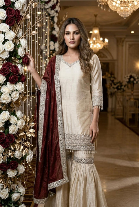 New Premium Chinon-Silk Pair Of Top Bottom & Duppata