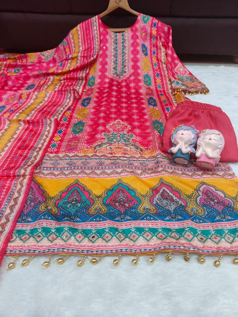 New DESIGNER WEAR JAYPURI TRENDING  TOP WITH PRINTED WORK WITH MIROR WORK WITH PLAZZO AND DUPATTA