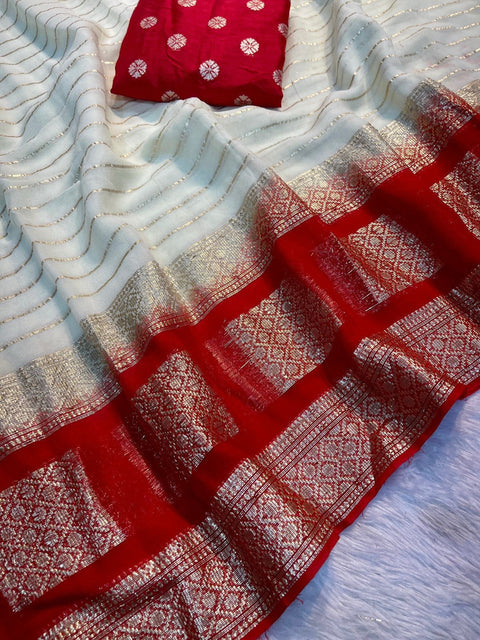 New Contrast Dola Banarasi Silk Blouse Viscose Georgette Saree