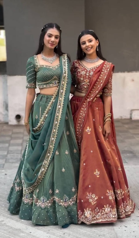 New Chinon fabric Embroidery Thread and Sequence Work Lehenga Choli