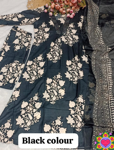 New Premium REYON WITH NACK PEPAR MIRROR EMBROIDERY WORK & OLL OVER PRINTED Dress