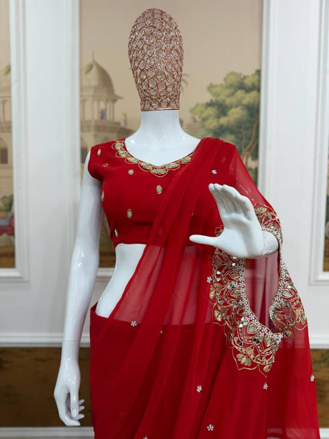 New EXCLUSIVE 2 STYLES HAND WORKED, DRAPE SAREE ON FAUX GEORGETTE FABRIC WITH STITCHED BLOUSE