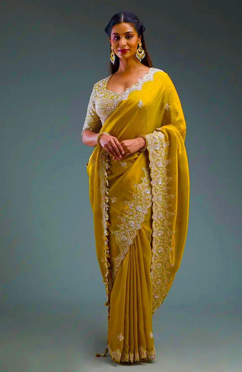 NEW TRENDING GLOD CRUSH FABRIC ON HEAVY EMBRODERY WORK SAREE